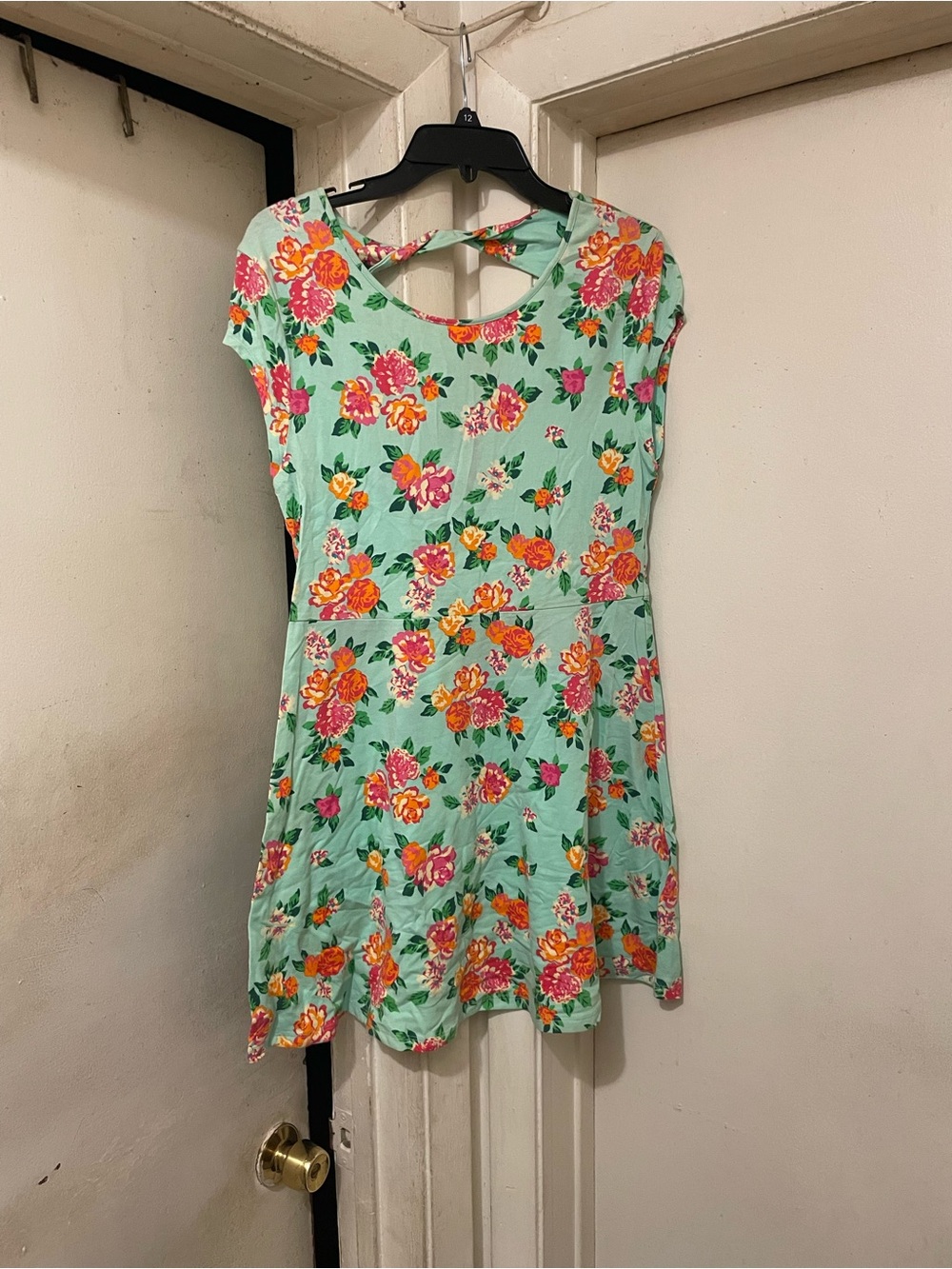Bongo Women’s XL Mint Green Floral Fit & Flare Scoop Neck Jersey Cutout Dress
